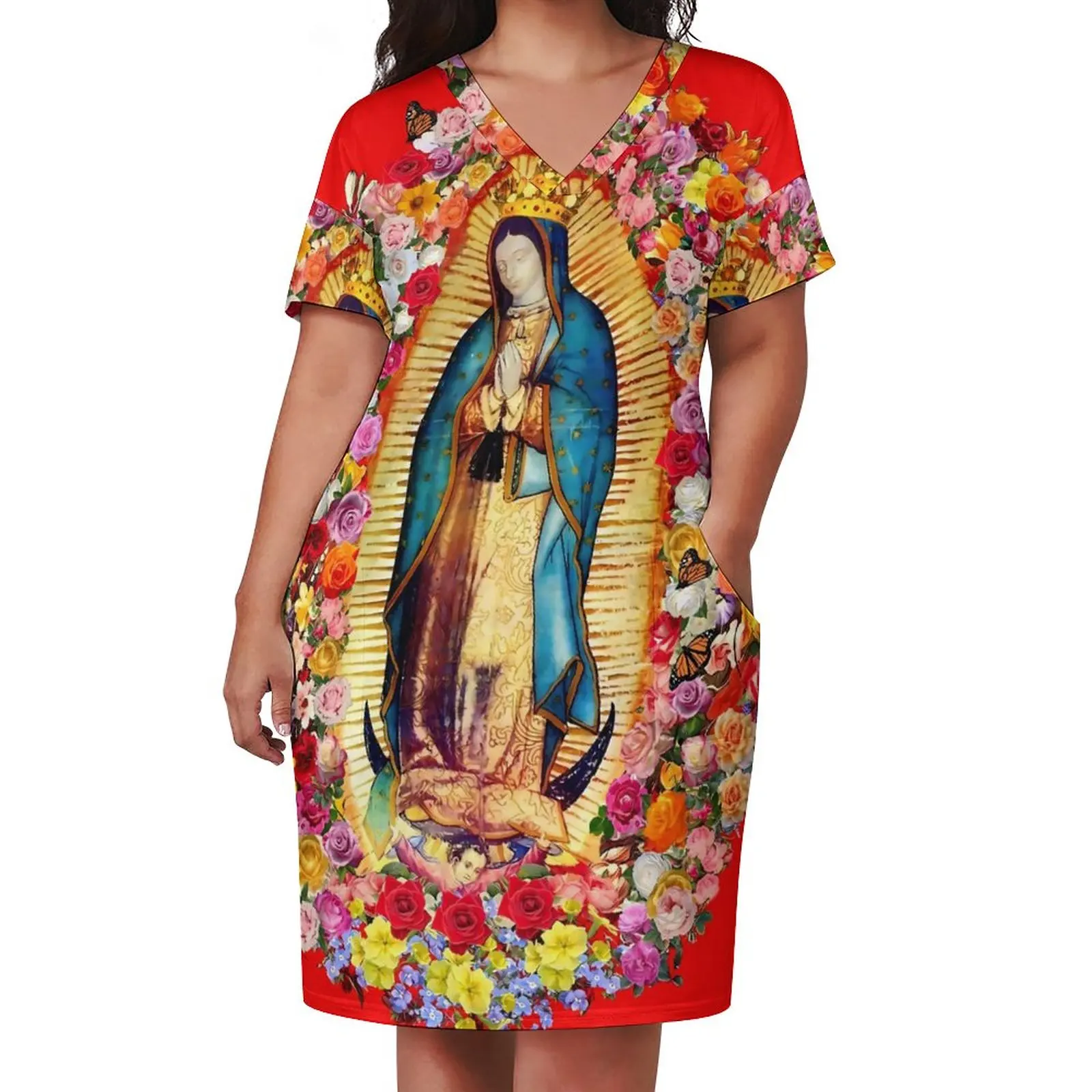 Mexican Virgin Mary Dress Women Our Lady of Guadalupe Street Fashion Casual Dress Summer Short Sleeve Stylish Oversized Dresses