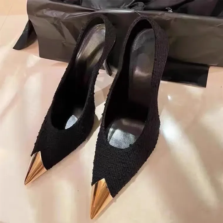 

Sexy black woolen high heels for women in spring/summer 2024, metal pointed thin heels, small fragrant single shoes