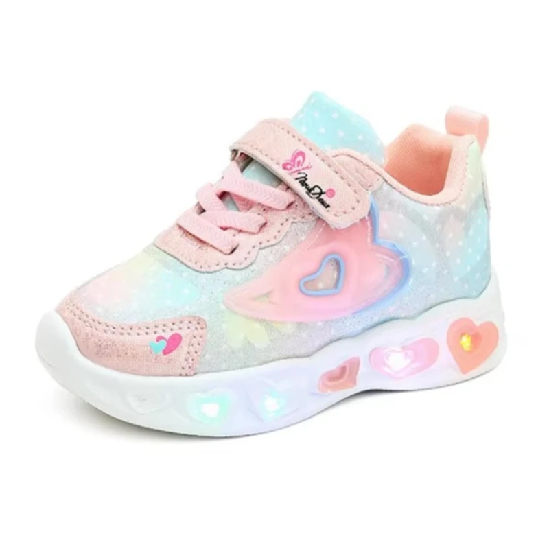 Girls' Heart Decor Light Up Shoes Spring Fall Children Soft Breathable Sneakers Lightweight Running Footwear For Casual Walking
