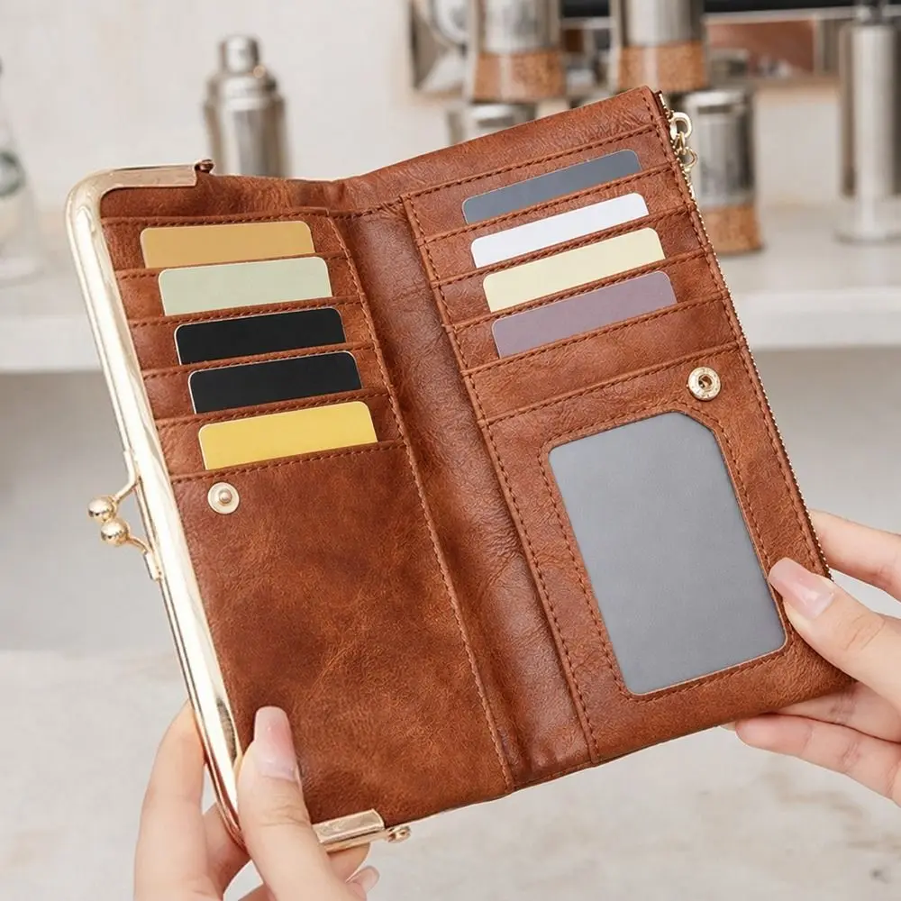 Vintage Kiss Lock Long Wallet Multi Functional Double Fold Coin Purse Solid Color Card Holder Women