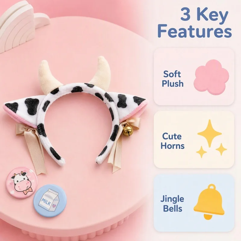 Cartoon Plush Cow Ears Horn Headband with Small Bells Ribbon Bow Anime Lolita Hair Hoop Kawaii Animal Party Cosplay Costume Girl