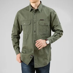 Chemise cargo monochrome à manches longues pour hommes, chemises multi-poches, 100% coton, chemise décontractée, haute qualité, nouvelle mode, extérieur, document