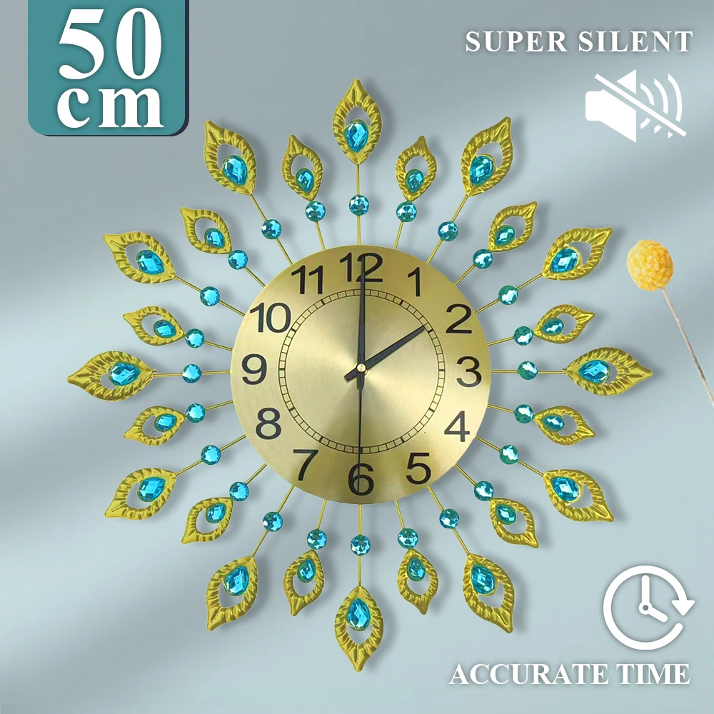 50CM Large Wall Clock Creative Peacock Decoration Art Quartz Clock Gold Modern Fashion Ornament Clock For Home Living Room