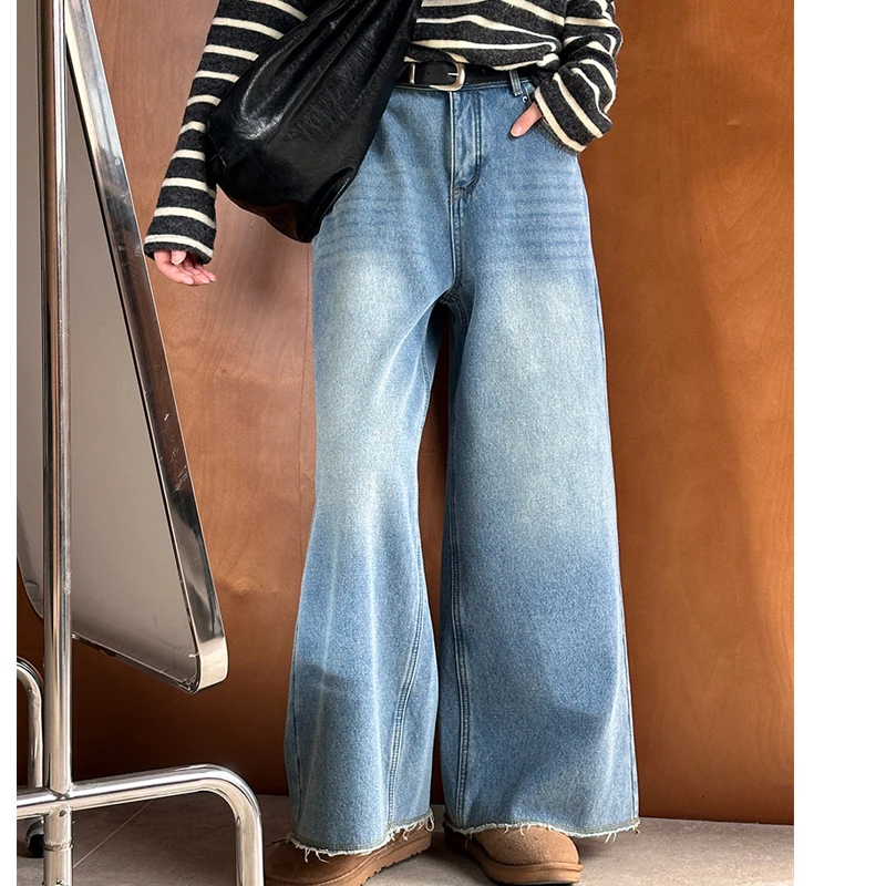 2024 New Arrival Women High Waist Cotton Denim Pants Thick Fleece Inner Wide Leg Jeans Women Clothes Fashion Blue Long Trousers