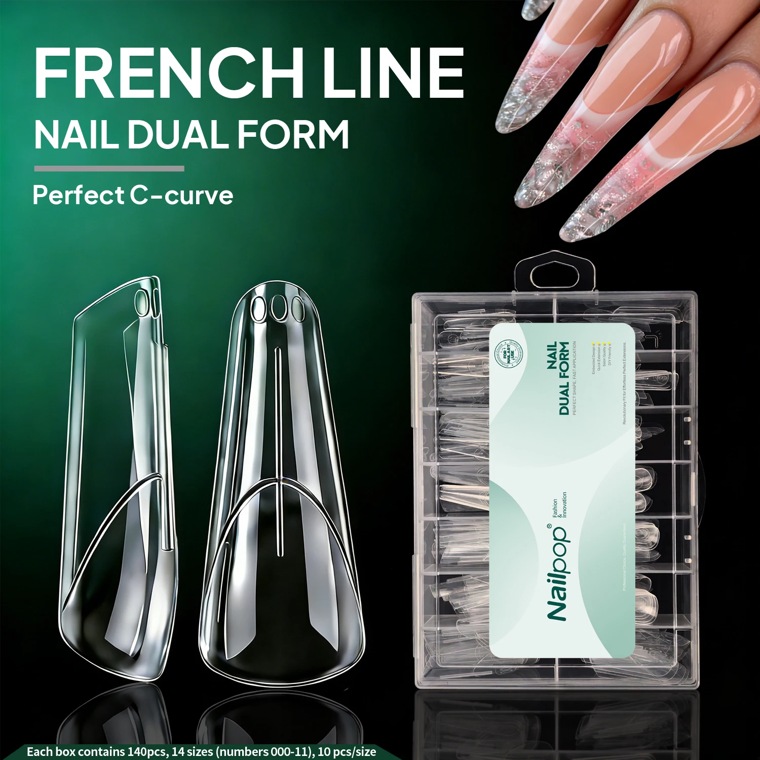 

Формы для французского маникюра Nailpop, двойная система, прозрачные акриловые формы для наращивания ногтей, квадратная форма балет, 14 размеров, для самостоятельного дизайна ногтей, 140 шт.