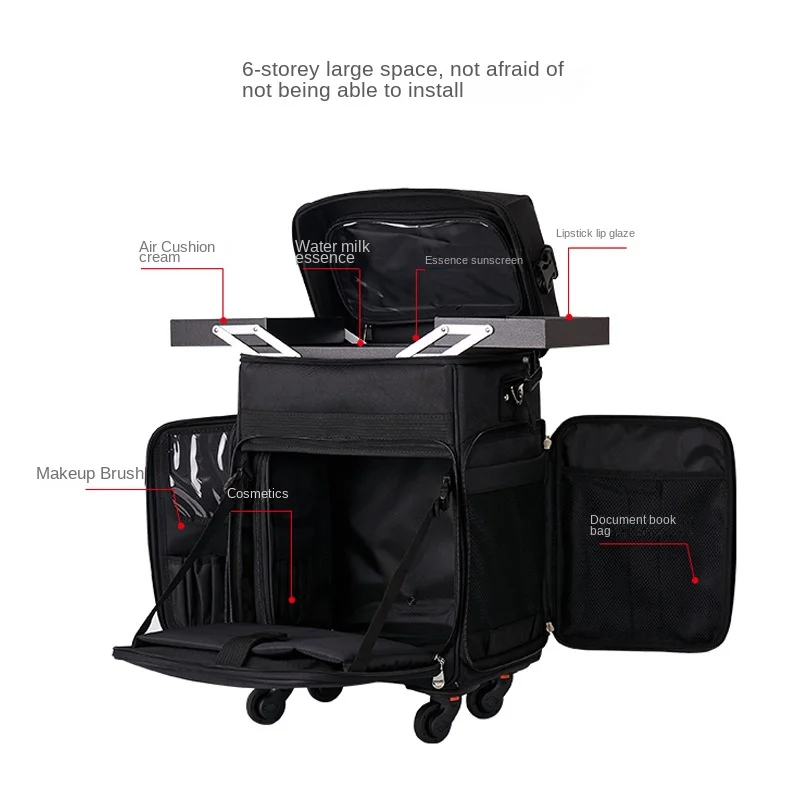 Professionele Make-Up Koffer Borduurwerk Nail Wimpers Trolley Bagage Gereedschapskist Pu Grote Capaciteit Trekstang Cosmetische Case