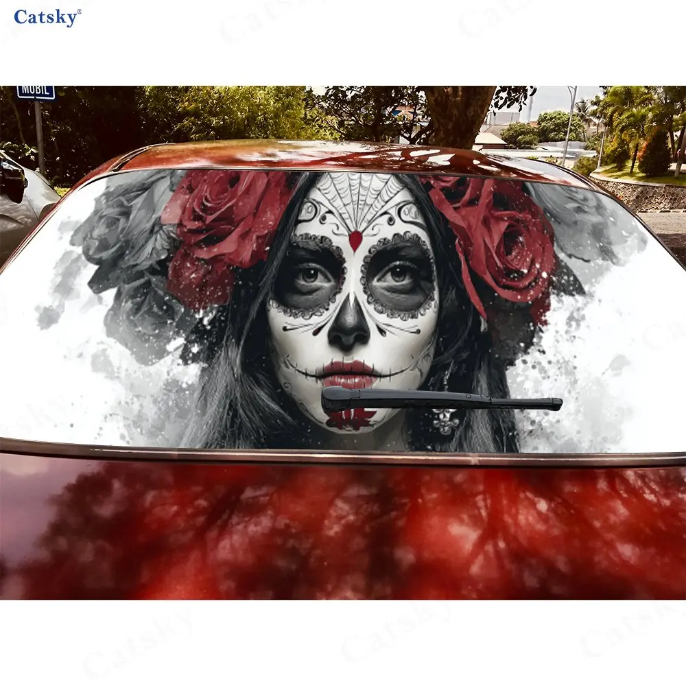 Sugar Skull Rose Wonder Journey PVC perforierte Auto-Vinylfolien, langlebiger Auto-Heckscheibenaufkleber, wasserdichte Auto-Heckscheibe