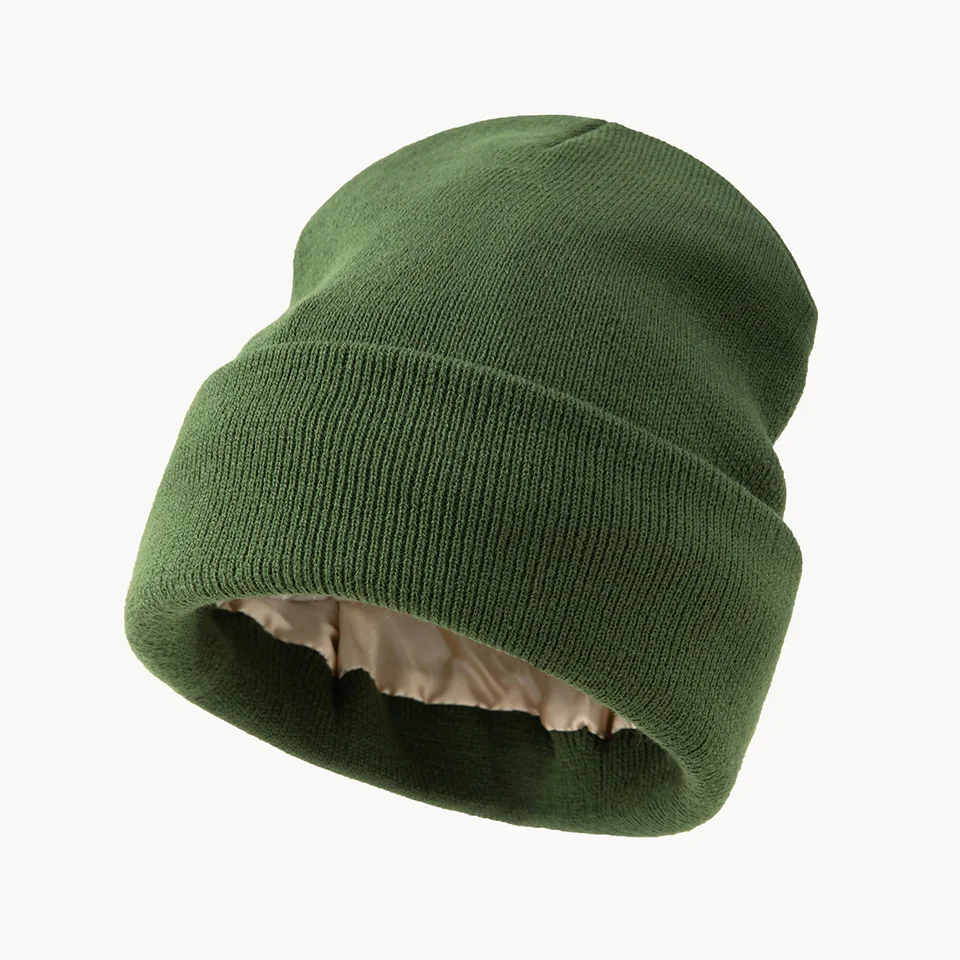 Unisex Satin Lined Knitting Beanie Hat For Women Mens Winter Silky Lining Warm Cuffed Skullies 2Layer Hair Cover Y2K HipHop Cap, image 11
