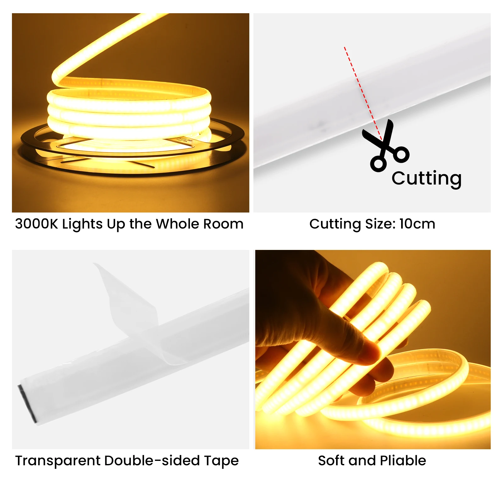 220V COB LED Strip with Adhesive Tape 10CM Can Be Cut Flexible LED Tape 240LEDs Density Linear Light Waterproof LED Ribbon Rope
