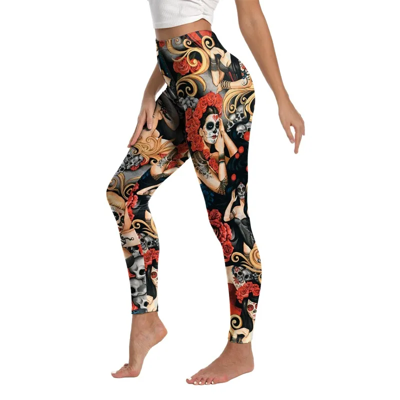Halloween Day of The Dead Skull Rose 3D Print Pattern Sexy Skinny Leggins Fitness Workout Leggings for Women Trouser Female