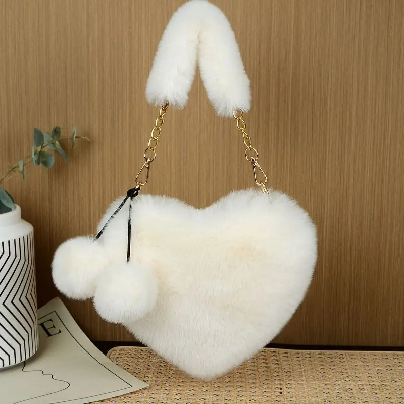 Beige Light Pink Gray Purple Khaki Cute Heart Shape Plush Furry Chain Shoulder Bag Crossbody Handbag Purse Commute Women Girls