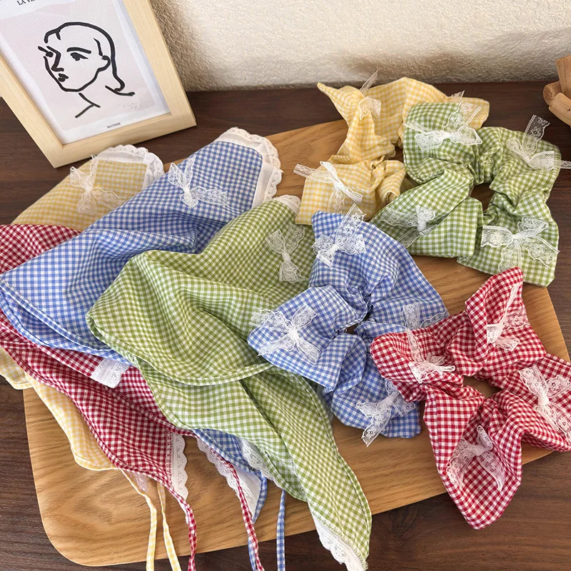 Plaid Lace Bow Bandana Headband Womens Triangle Headscarf Hair Bands Spring Summer Girls Fashion Sweet Tie Scrunchie Rubber Band