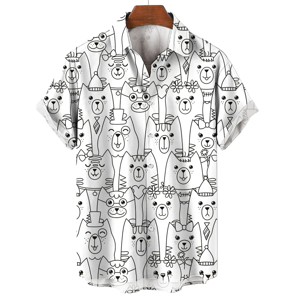 Men\'s Short Sleeve Shirt Fashion Cartoon Line Cat Pattern Print Top Women\'s Casual Button Shirt Top