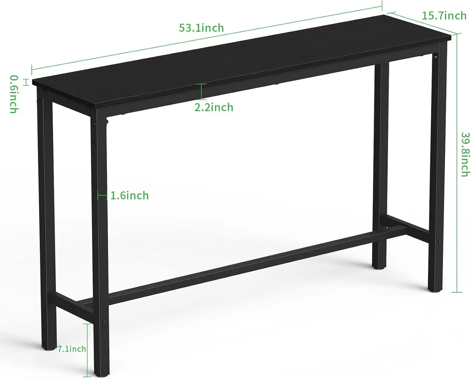 Table, 53" Rectangular Pub Height Table – Sofa Console, Dining or Coffee Table for Narrow Spaces, Living Room, Sturdy Metal Fra