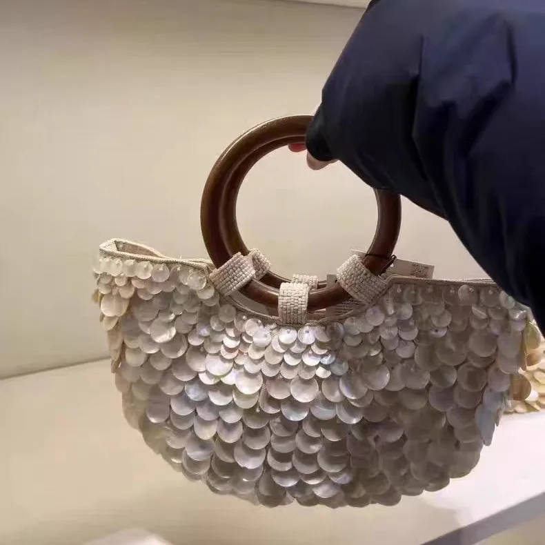 Handmade Fairy Beaded Bag​​ Shell Embellishments​​ ​Compact Size​​ Woven Shoulder Bag​​ ​​Large Capacity Mermaid Style​​