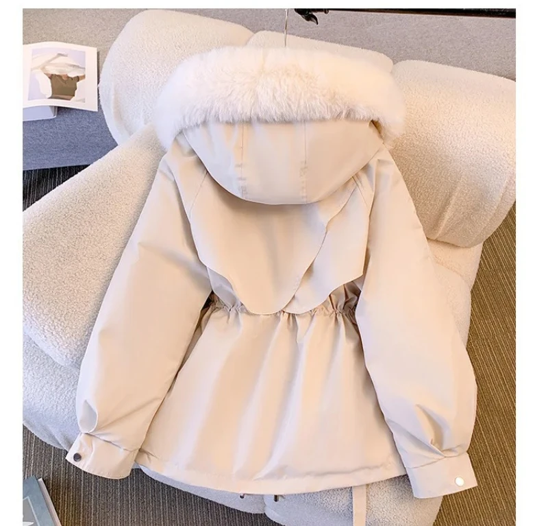 양털 안감 후드 다운 재킷 여성용 겨울 코트 따뜻한 드로스트링 패딩 파카 한국 캐주얼 스트리트웨어