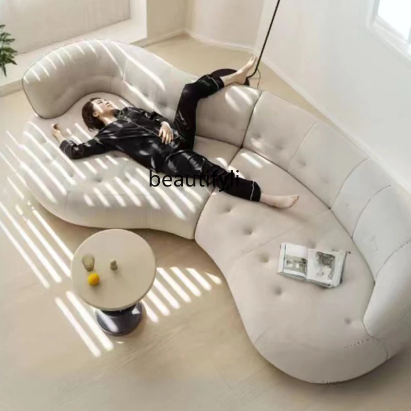 Cream wind leather sofa, living room curved large sitting deep concubine corner sofa