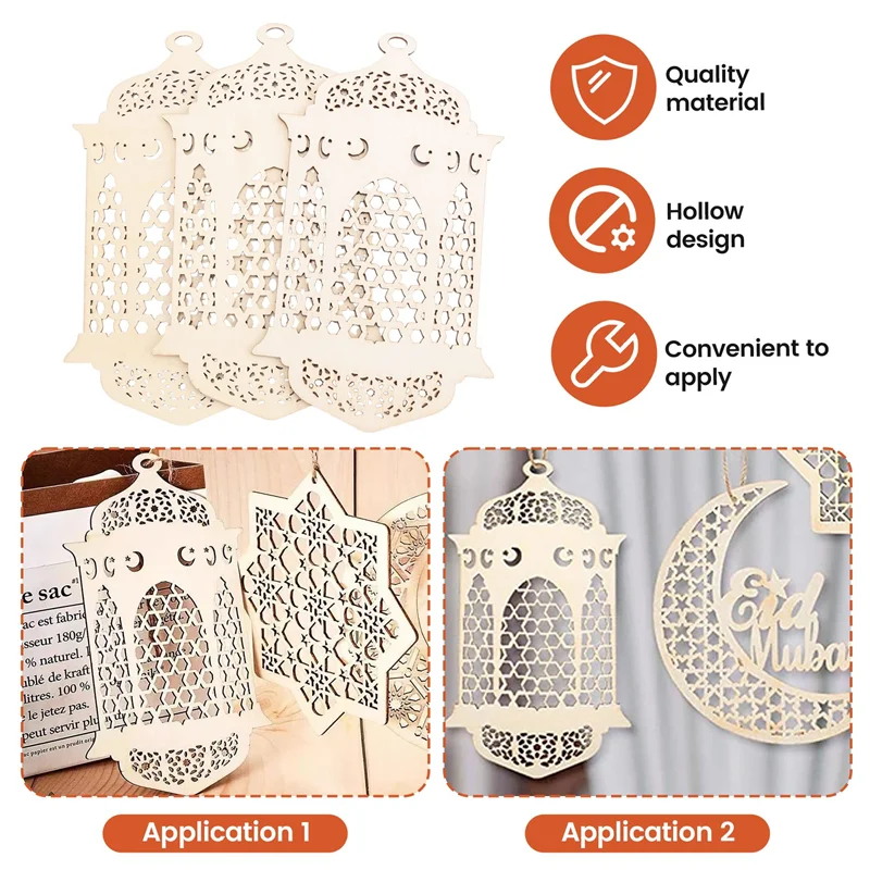 

Highly Recommended-9Pcs Wooden Pendant Ornament Ramadan Hollow Decoration Moon Star Wind Light Shape Pendant Ornament Eid Party