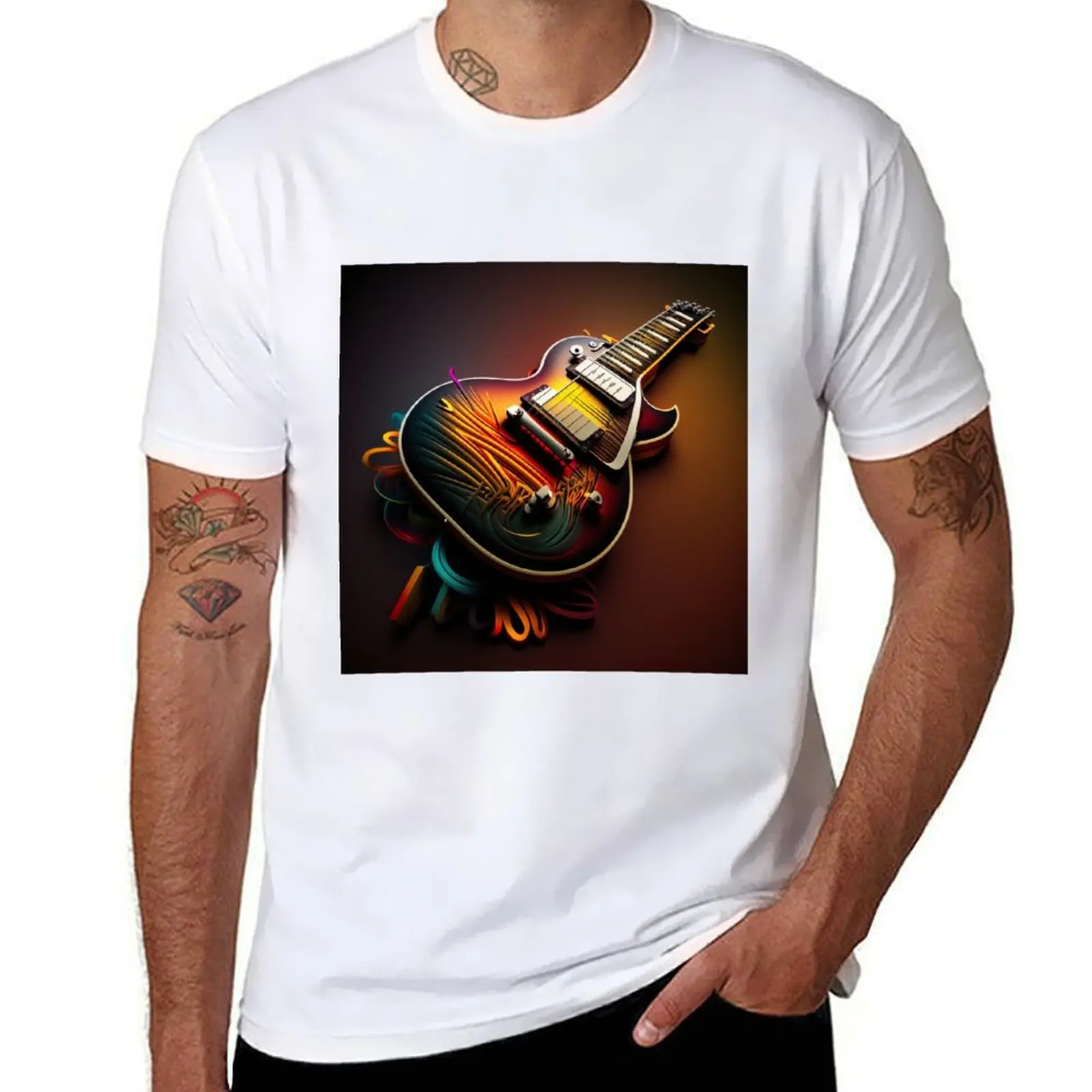 

Neon Art Gibson Les Paul Guitar T-Shirt Work Daily Short Sleeve Top