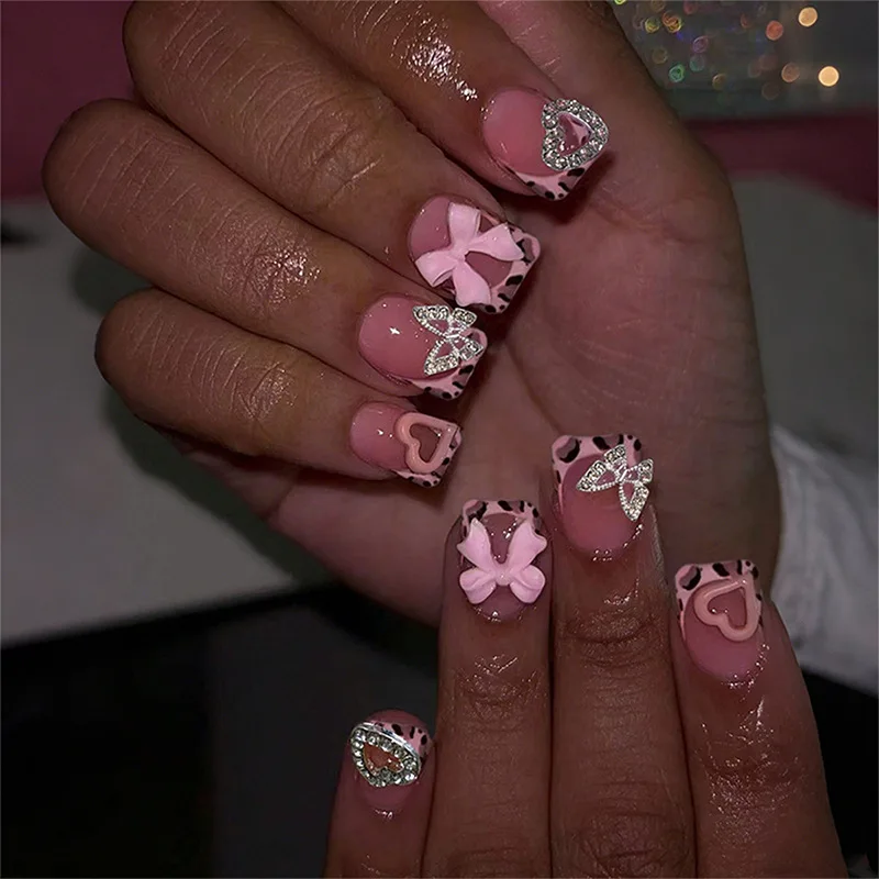 

24pcs Spicy Girls Bowknots Press On Nails Leopard Print French Style Fake Nail Diamnod Heart Butterfly Decor Square False Nail