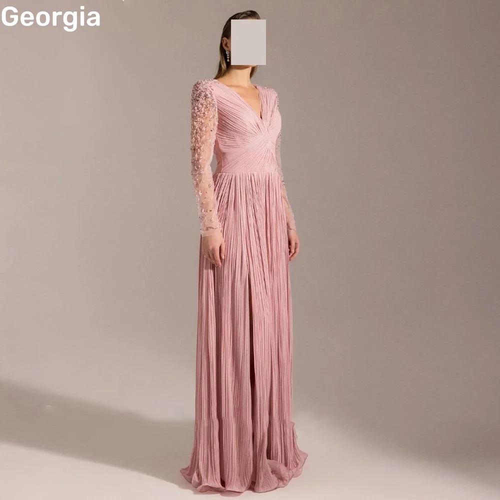 Beaded Customize فساتين سهرة A-Line Deep V-Neck Floor-Length Zipper Up Dress Women Elegant Luxury Long Sleeves Elegant Dresses
