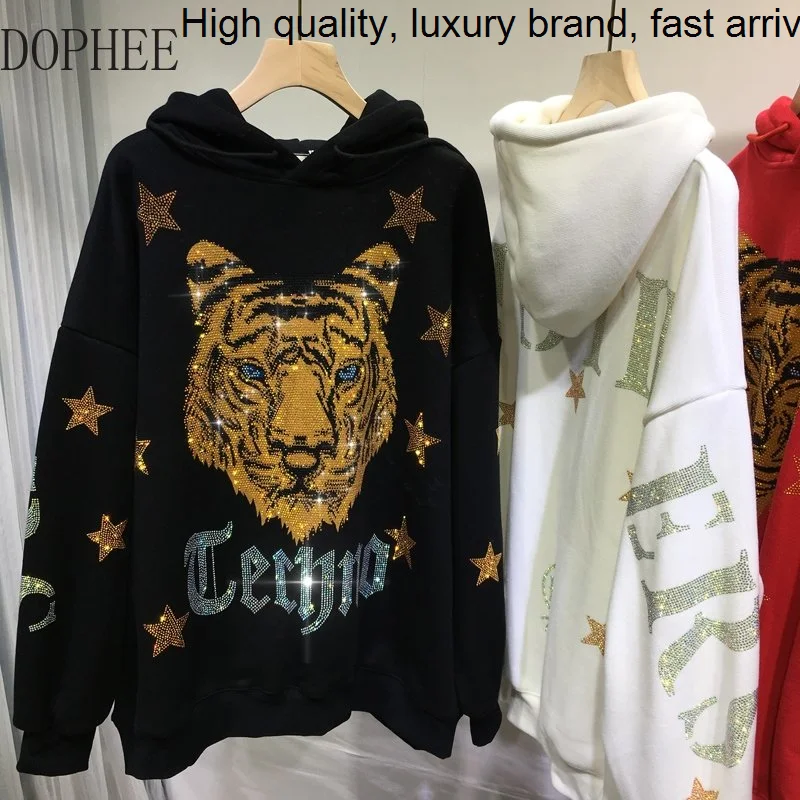 Sparkling Hot Luxury Drilling Tiger Red Sweatshirt Women Loose Hooded Pullovers Top Streetwear Thickened Fleece Sweaters 3 Color