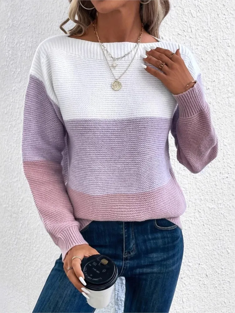 

Casual Winter Clothes Woman Pulls Femmes All-match Loose Simple Style Sweater Comfortable Knitted Striped Long Sleeves Commuting