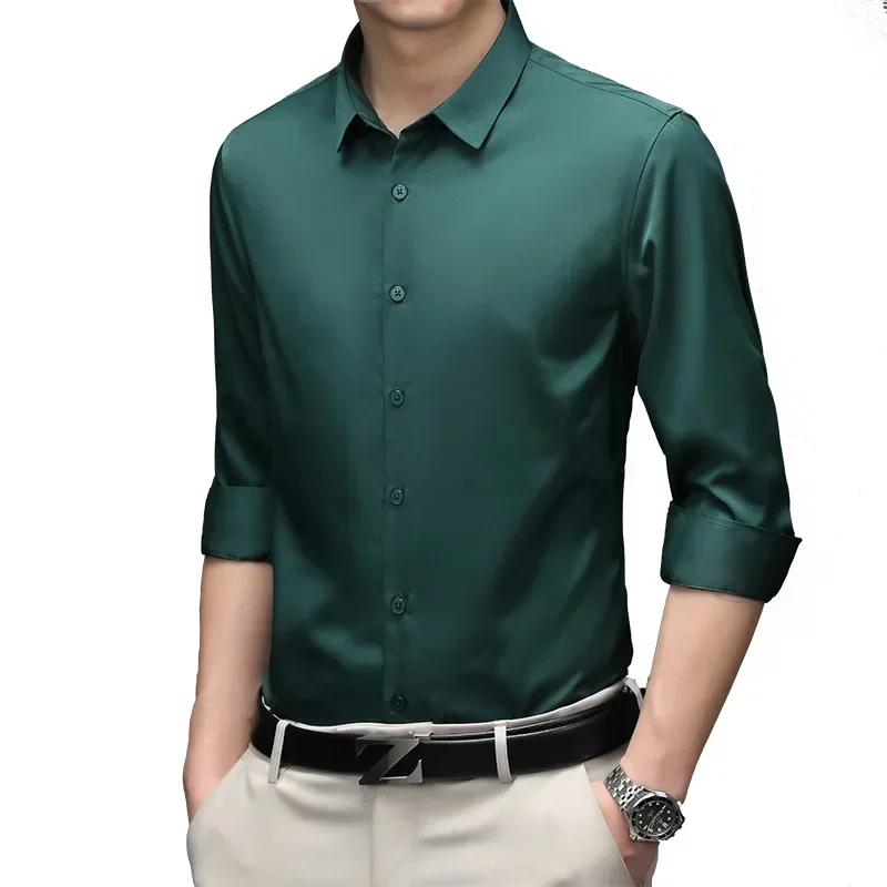 Camisa de manga comprida masculina, camisa lustrosa, camisa elástica, encaixe fino, sem ferro, cor sólida, vestido de negócio, frete grátis