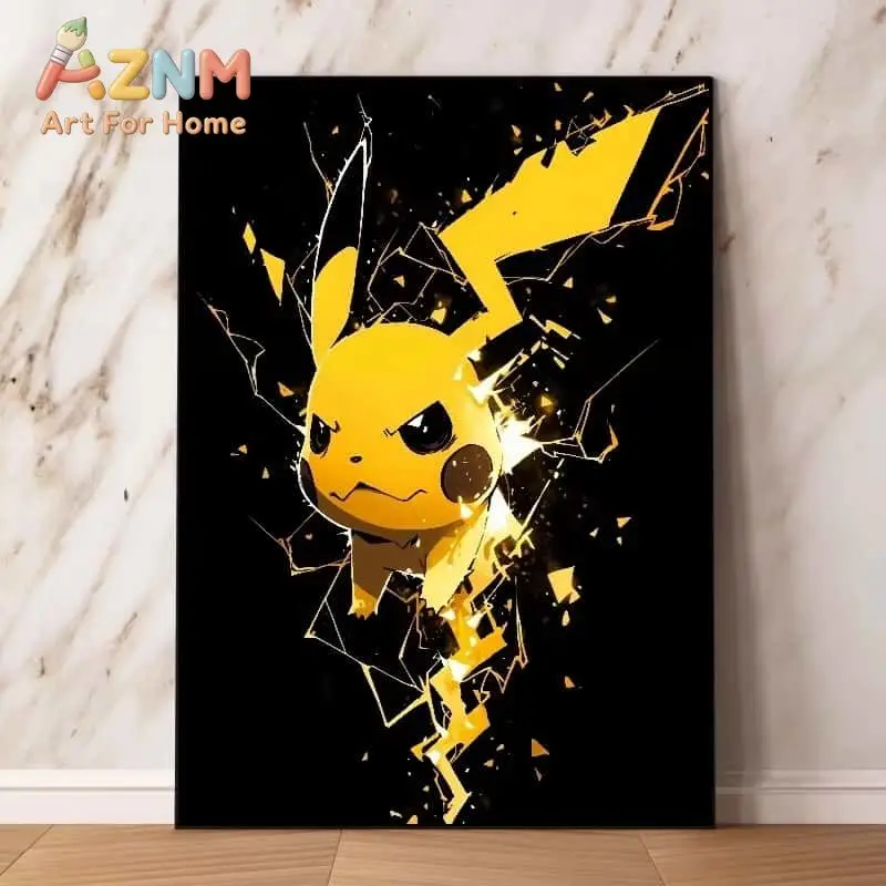 AZNM Pikachu Pokemon Canvas Wall Art Print, Cool Lightning Break Effect Anime Character Poster for Living Room Home Wall Decor