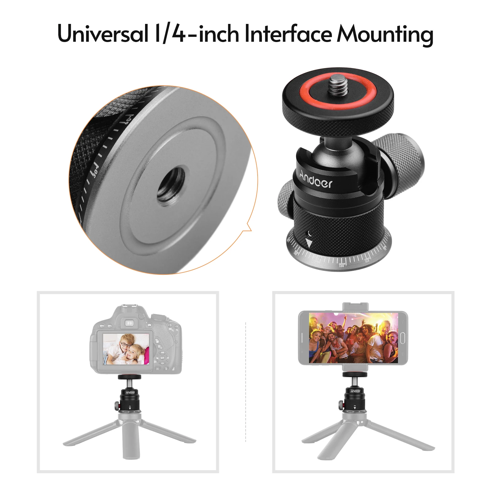 Andoer Tripod Ball Head Mount Panoramic 360° Swivel 180° Flip with Scaled Base Universal 1/4 Mounting for DSLR Mirrorless Camera