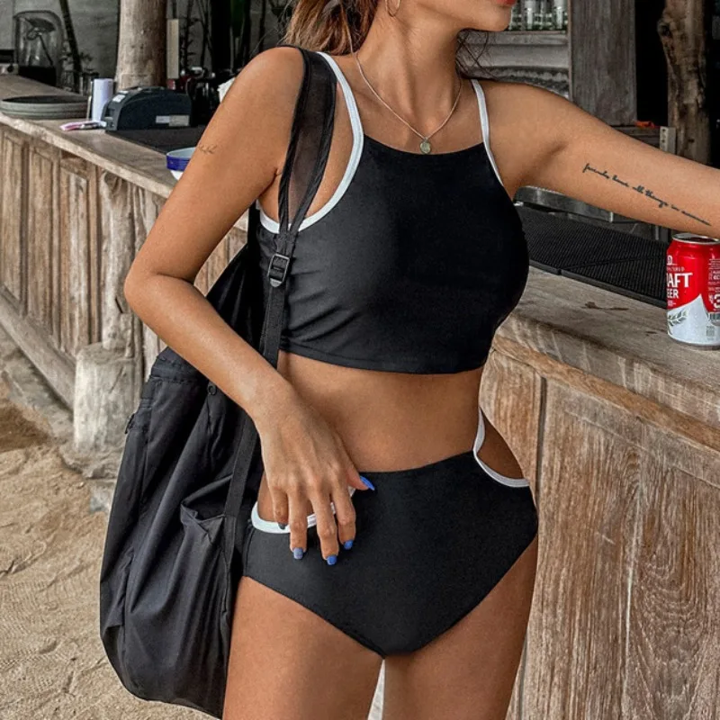 New Solid Color Split Bikini Women High Waist Covering Black White Contrasting Swimsuit Spicy Girl Hollow Hip Vacation Swimwear