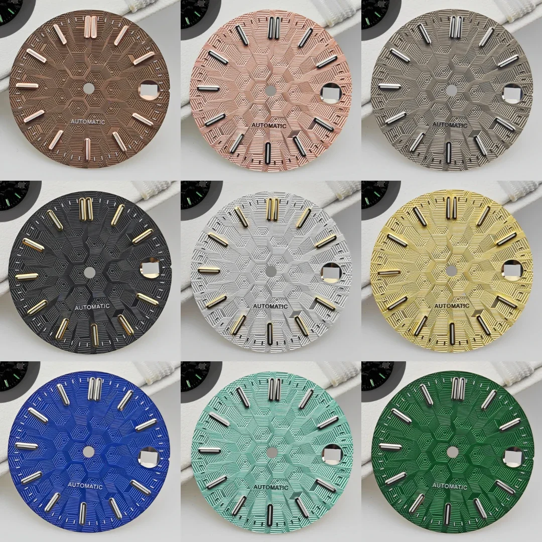 NH35 Watch Dial and Watch Hands 28.5mm Geometric Shapes Texture Dial Green Luminous Watches Diy Accessories