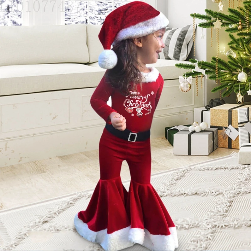 Children Christmas Santa Claus Costumes Clothes Tops Flared Pants Set Kids Santa Claus Xmas Outfit Birthday Party Clothings