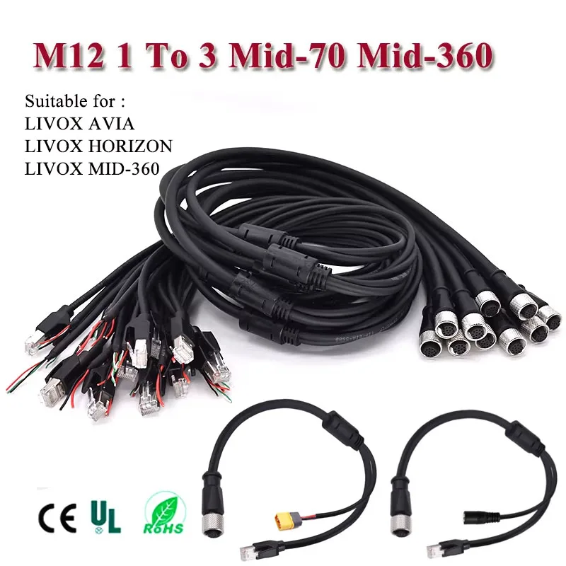 Mid-360 M12 Mid-70 One-to-Three High-Flex Power Cable Compatible with DJI Livox LiDAR DC Male/Female XT60 Male Waterproof
