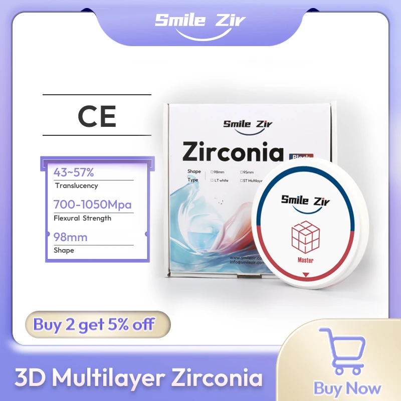 

Многослойный циркониевый блок Smile_Zir Dental 3D PRO для зуботехнических лабораторий, CAD/CAM системы, 98 мм, VITA, 16 цветов, материалы для стоматологов