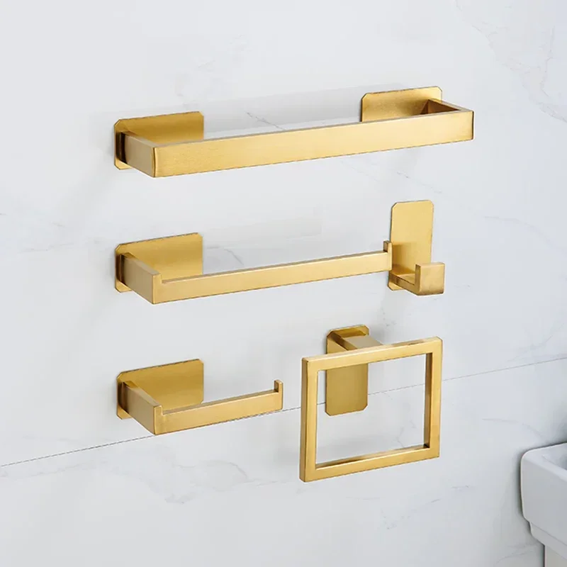 Self-adhesive Golden Bathroom Hardware Accessories Set Stainless Steel Toilet Paper Holder Towel Bar Hook Bathroom Accessories