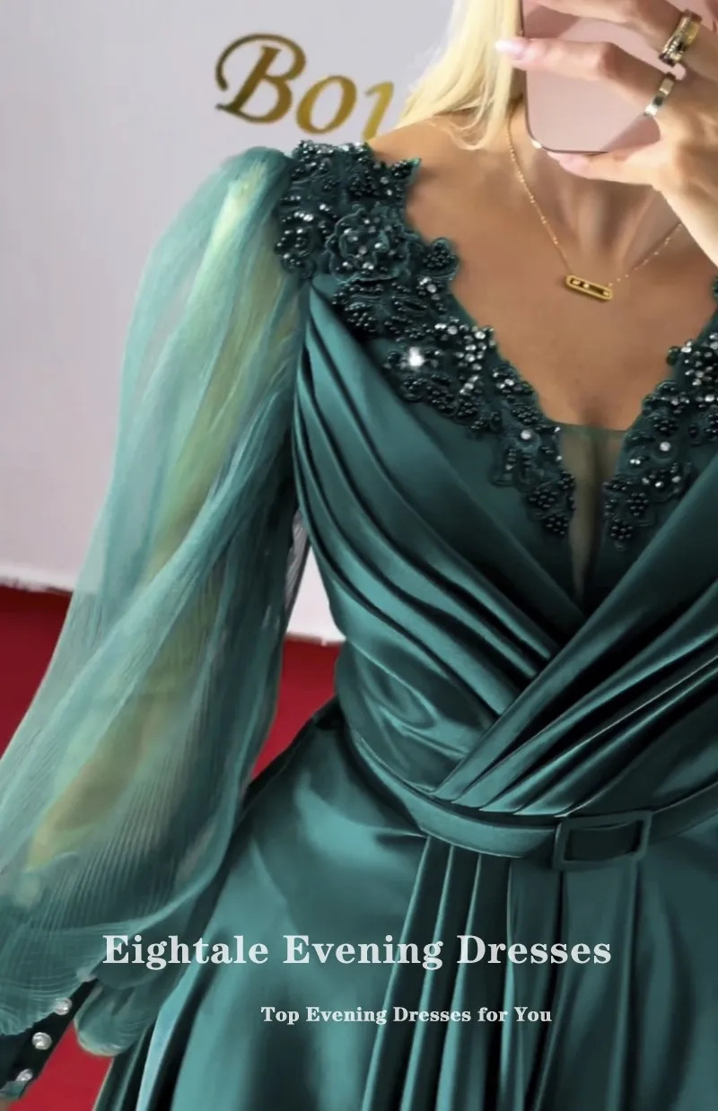 Eightale Dark Green Evening Dress Satin V-Neck Long Sleeves A-Line Beaded Floor Length Prom Party Gowns robe de soirée femme