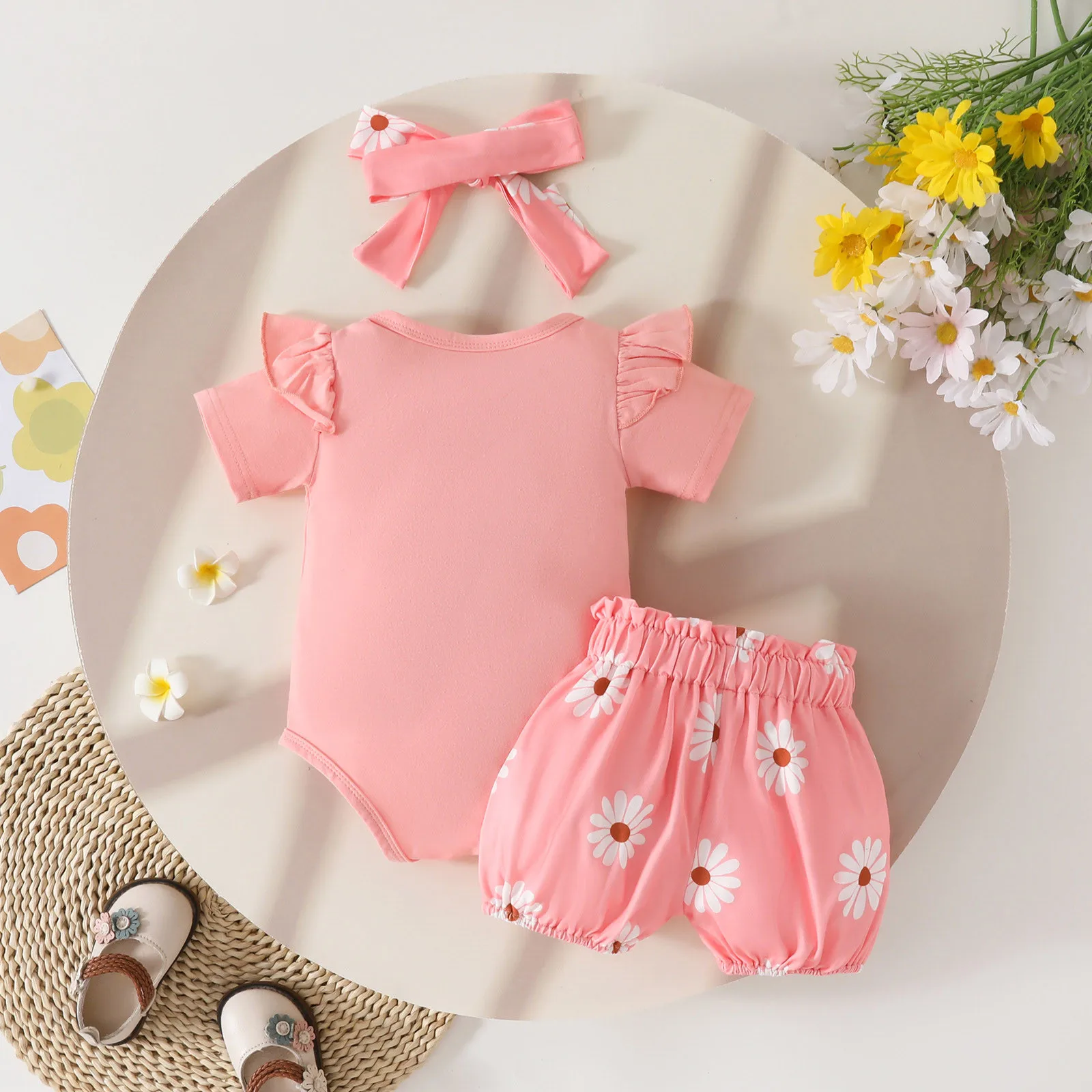 Girls Baby Clothes Sets 0 3 6 12 18 Months Newborn Girl Outfits 2025 New Summer Ribbed Letter Romper Daisy Shorts With Headband