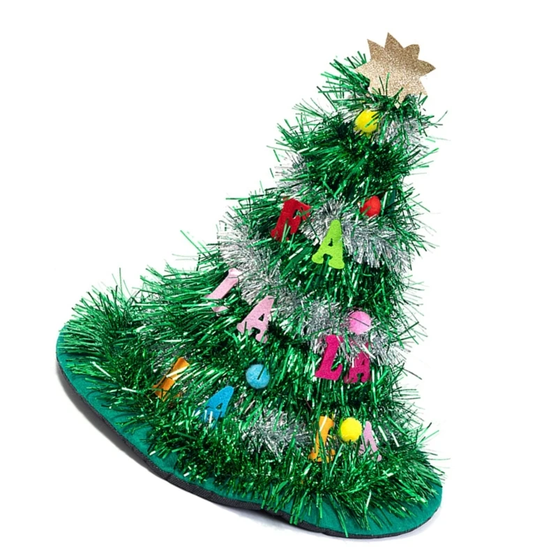 F42F Christmas Celebration Santa Hat with Star Tinsels Adornments Christmas Tree Hat