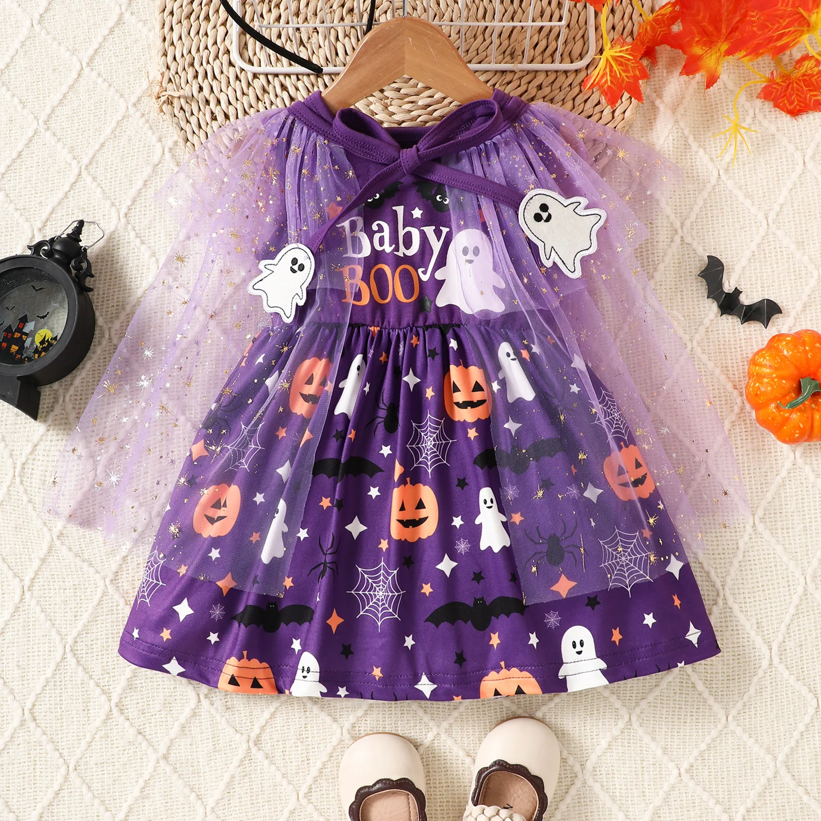 

Halloween Girl Clothes Princess Tulle Dress Pumpkin Ghost Printed Costume Mesh Gown Short Sleeves Dress Girls Party Fancy Dress