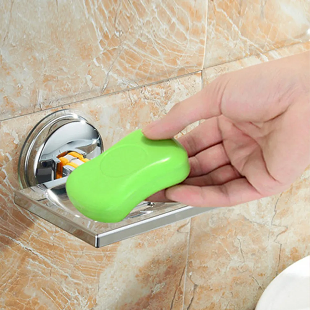 Wall Mount Soap Holder Suction Cup Premium Chromeplate Metal Brushed Texture Bathroom Sponge Tray Soap Rack Basket Organizer