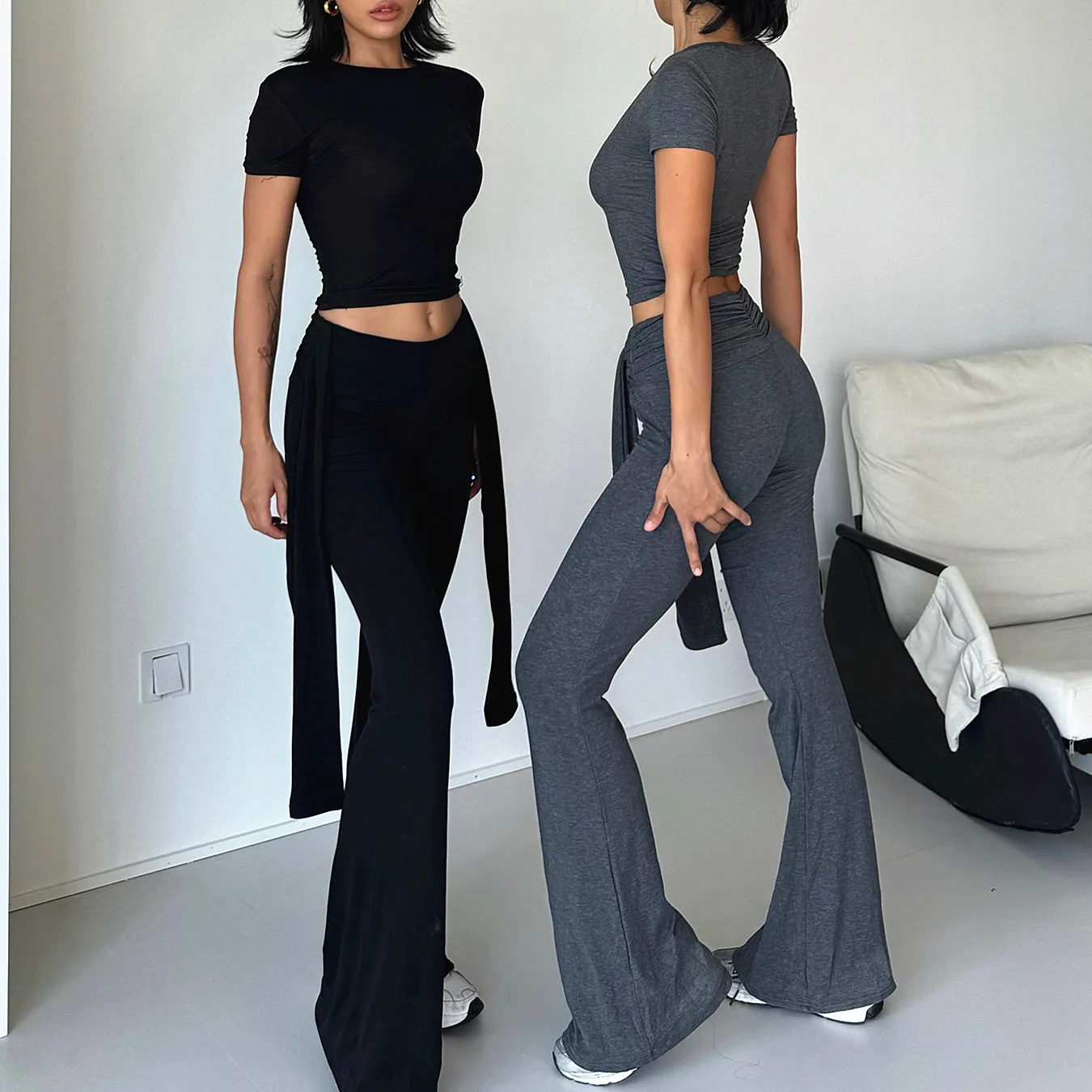 1/2PCS Cotton Women Lounge Yoga Set Short Sleeve Crop Top Shirt Low Rise Flare Workout Leggings Dance Pant Tracksuit Active Wear