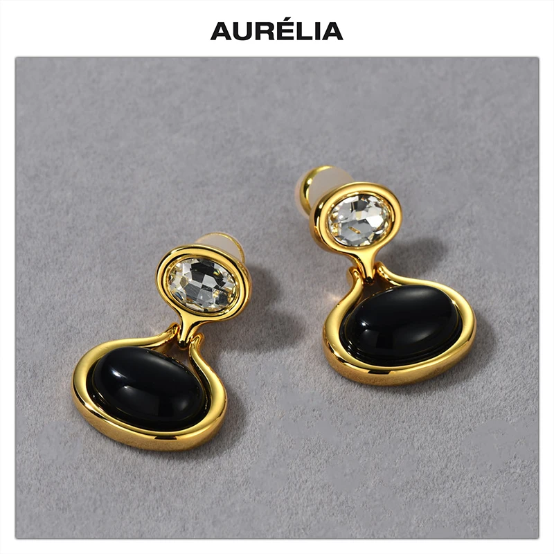 

Europe Retro Brass Plated 18K Gold Black Agate Geometric Earrings Women Unique Design Jewelry Trend