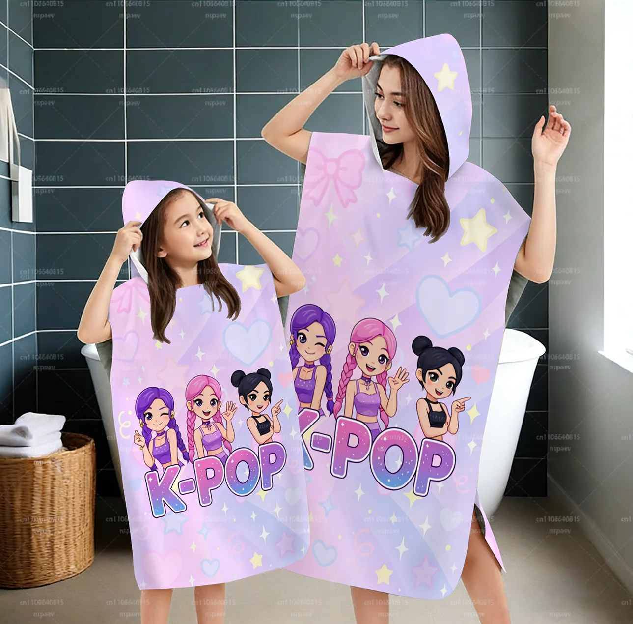 1PC K-Pop Girl Group Hooded Bath Robe Beach Towel for Kids & Adults, Microfiber Quick Dry, Cute Cartoon Print Family Matching