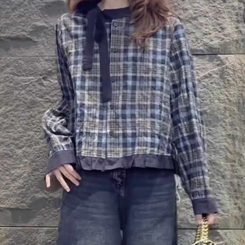 Retro Koreańska Krata Sle Plaid Damska Bluzka na Wczesną Jesień Faion Casual z Okrągłym Dekoltem Ne Design Ular Długa Sve z Włókna Poliestrowego