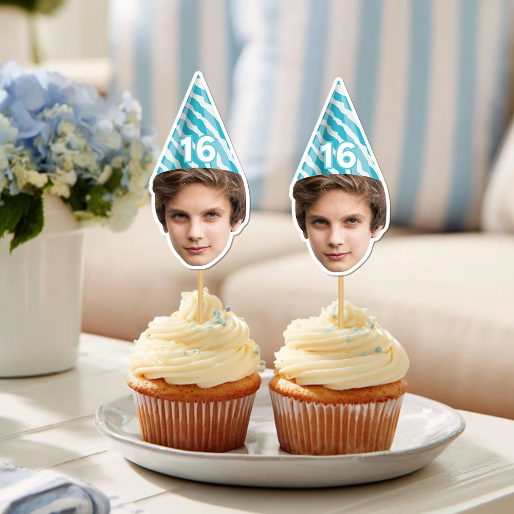 6/12 Stück personalisierte Geburtstags-Foto-Cupcake-Topper mit individuellem Gesichtsfoto für Meilenstein-Gedenkfeiern, Party-Kuchendekoration
