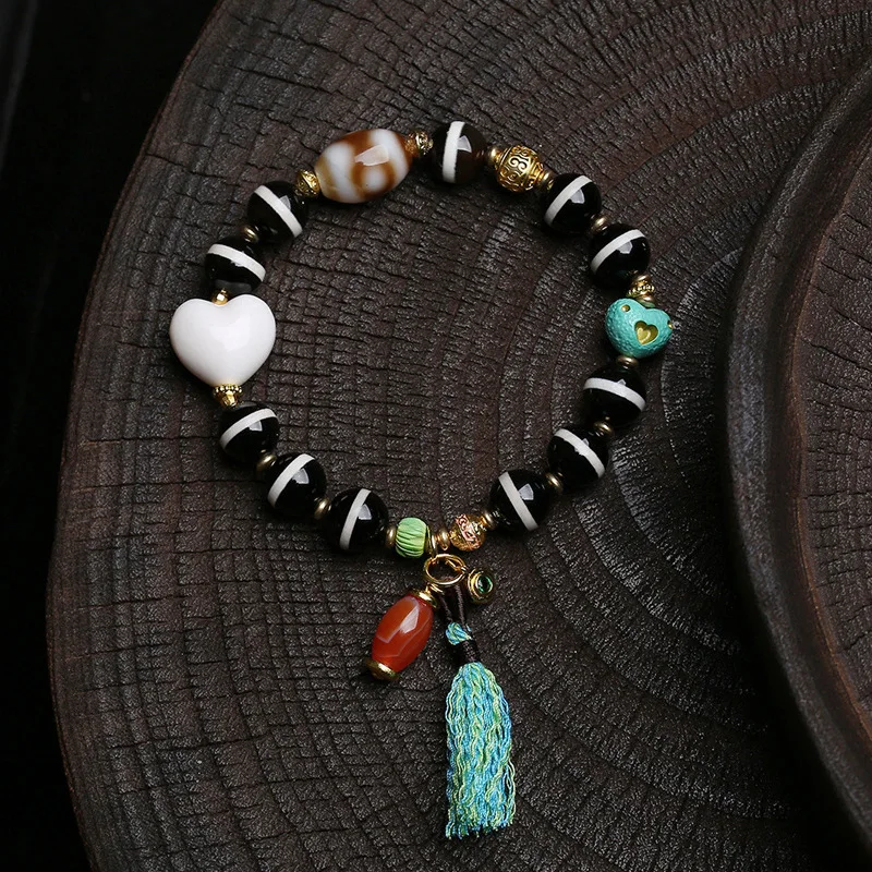 Natural Old Syrian Inlaid Bead Single-Strand Root-Style Gourd Painted Peach Heart-Shaped Buddhist Bead Bracelet