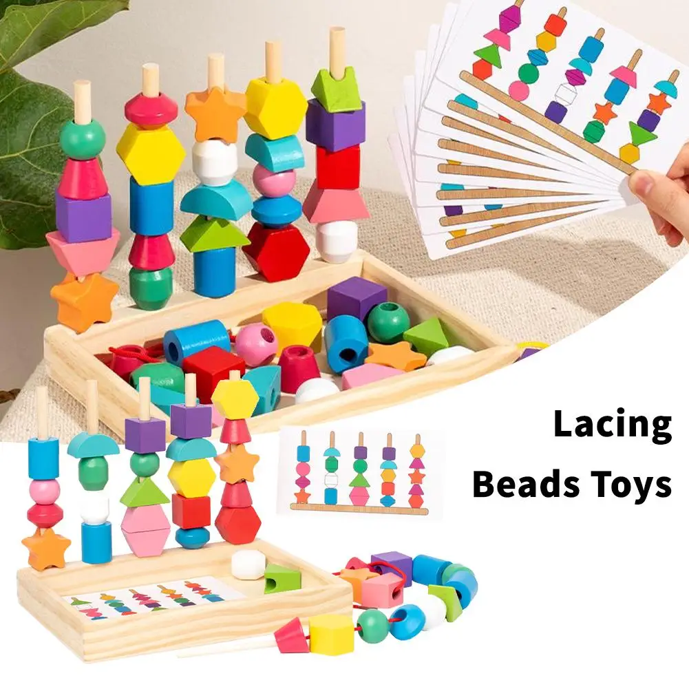 Kids Montessori Wooden Beads Sequencing Toy Color Shape Toys Puzzle Early Matching Game Educational Color Cognition T8W6