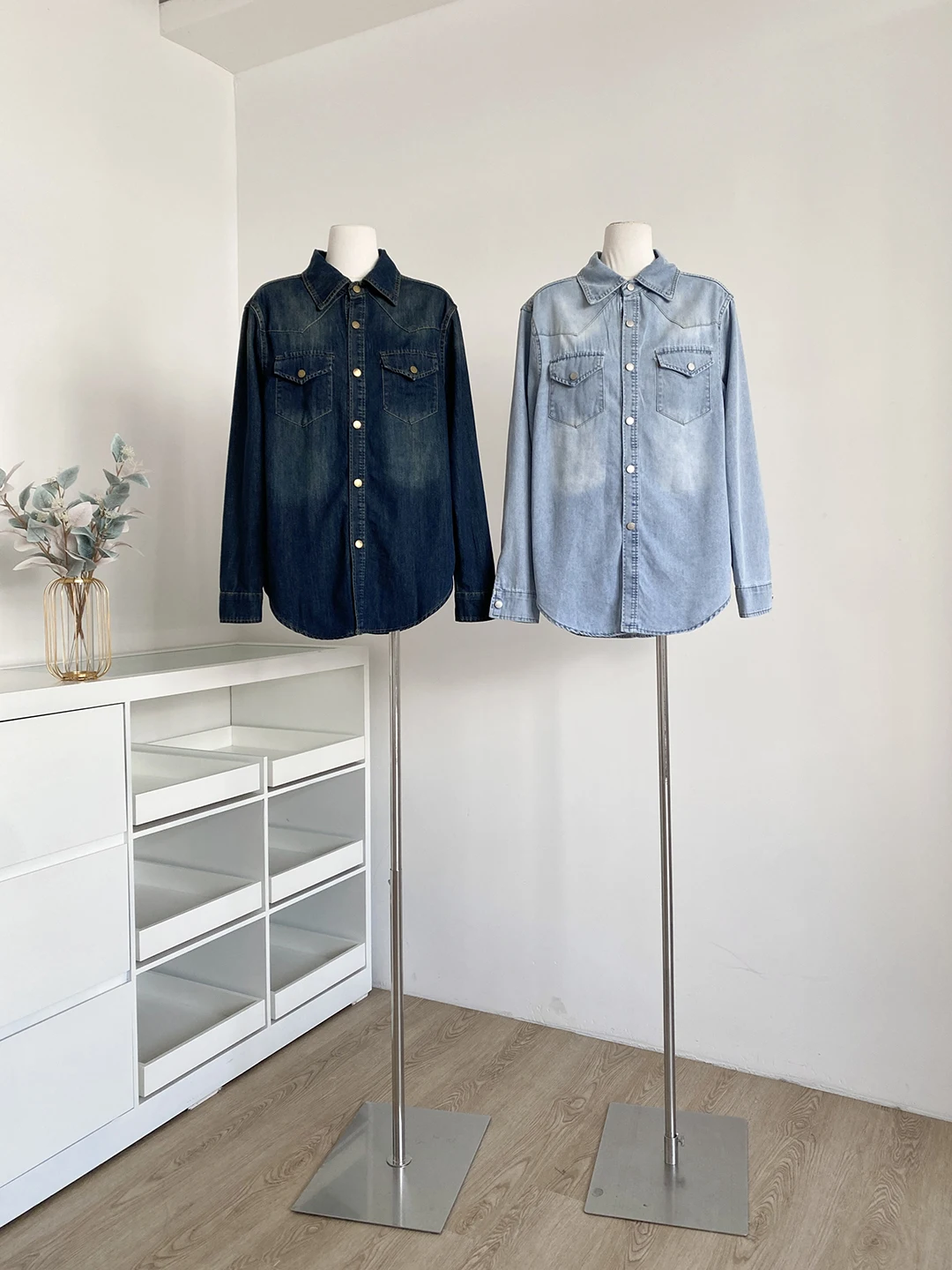 

Retro Hong Kong Style Faded Denim Shirt Women's Loose Collar Slimming Top Polyester Fiber Long Sleeve Mid-Length