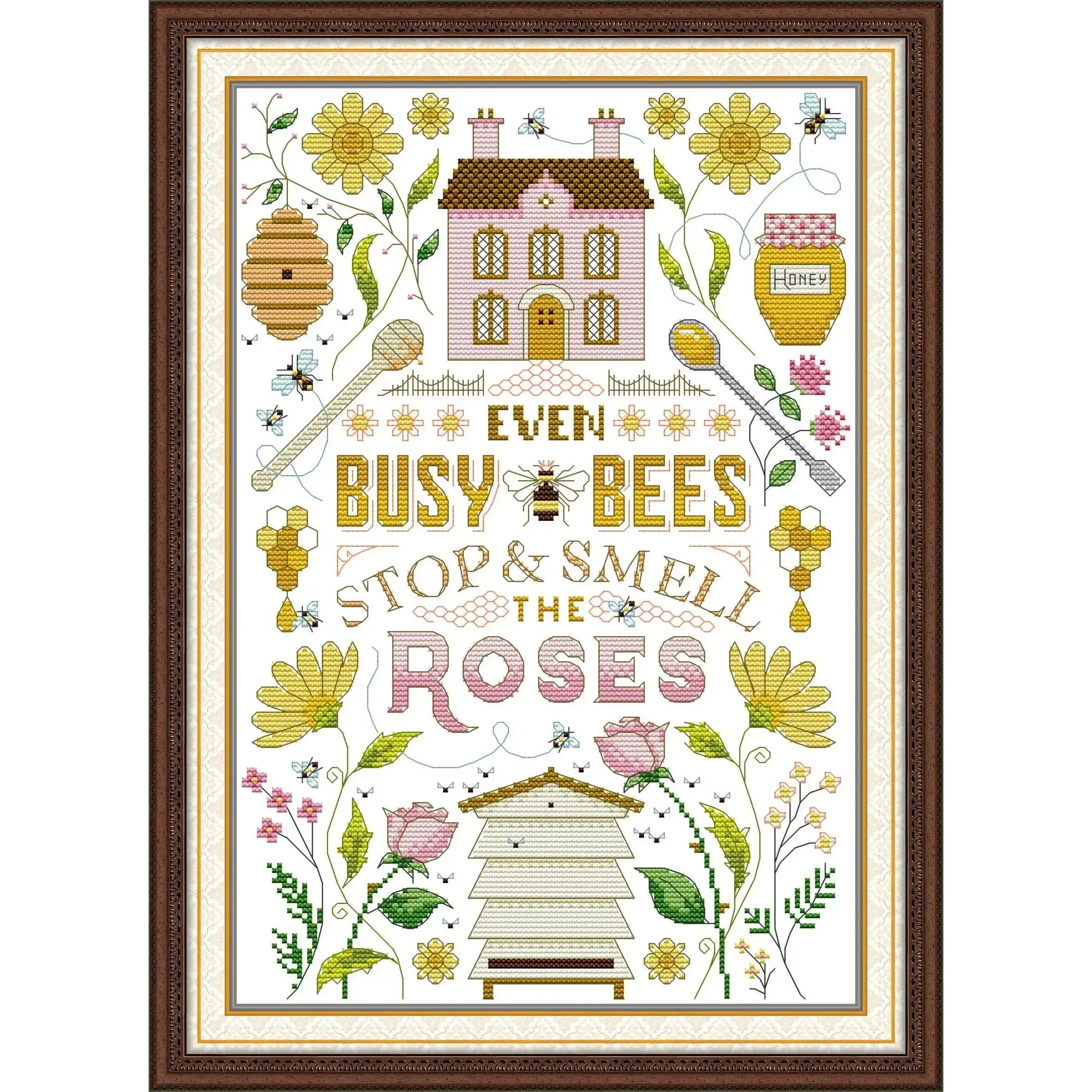 Joy Sunday Pre-printed Cross Stitch Kit  Easy Pattern Aida  Stamped Fabric Embroidery Set-Bee House